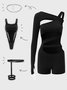 Edgy Black Asymmetrical Design Arm Sleeves Cyberpunk Romper
