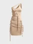 【Final Sale】Asymmetrical Lace Up One Shoulder Plain Sleeveless Short Dress