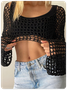 Knitted Hollow Out Crew Neck Plain Long Sleeve Shirt