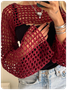Knitted Hollow Out Crew Neck Plain Long Sleeve Shirt