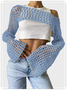 Knitted Hollow Out Crew Neck Plain Long Sleeve Shirt