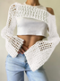 Knitted Hollow Out Crew Neck Plain Long Sleeve Shirt
