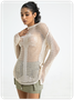 Knitted Hollow Out Crew Neck Plain Long Sleeve Top
