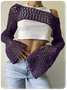 Knitted Hollow Out Crew Neck Plain Long Sleeve Shirt