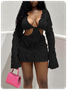 Cut Out V Neck Plain Long Sleeve Short Dress