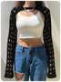 Knitted Cut Out Crew Neck Plain Long Sleeve Shrug