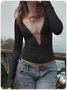 Lace Up Deep V Neck Plain Long Sleeve T-Shirt
