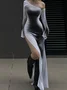Side Slit Backless One Shoulder Painting Long Sleeve Maxi Dress