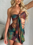 Lace Up Wrinkled Tie-Dye Tube Top With Skirt Two-Piece Set