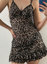Lace Trim Spaghetti Animal Print Sleeveless Short Dress