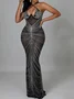 Body Print Hotfix Rhinestone Spaghetti Plain Sleeveless Maxi Dress