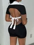 Jersey Backless Cut Out Shawl Collar Color Block Short Sleeve Jumpsuit