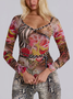 Mesh V Neck Floral Long Sleeve T-shirt