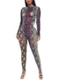 Jersey Mock Neck Snakeskin Long Sleeve Jumpsuit