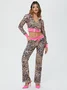 Jersey Leopard Color Block Coat With Pants Two-Piece Set