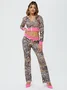 Jersey Leopard Color Block Coat With Pants Two-Piece Set