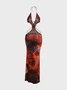Butterfly and Leopard Print Deep V Halterneck Backless Tie Maxi Dress