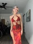 Butterfly and Leopard Print Deep V Halterneck Backless Tie Maxi Dress