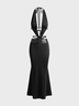 【Final Sale】Lace Up Belt Halter Plain Sleeveless Maxi Dress