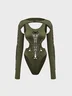 Cut Out Spaghetti Plain Long Sleeve Bodysuit