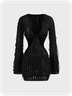 Cut Out V Neck Plain Long Sleeve Short Dress