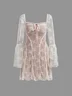 Bell Sleeves Double Layer Lace Square Neck Floral Long Sleeve Short Dress