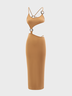 【Final Sale】Y2K Brown Asymmetrical Design Cut Out Dress Midi Dress