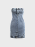 【Final Sale】Strapless Plain Sleeveless Short Denim Dress