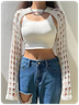 Knitted Cut Out Crew Neck Plain Long Sleeve Shrug