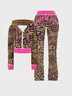 Jersey Leopard Color Block Coat With Pants Two-Piece Set